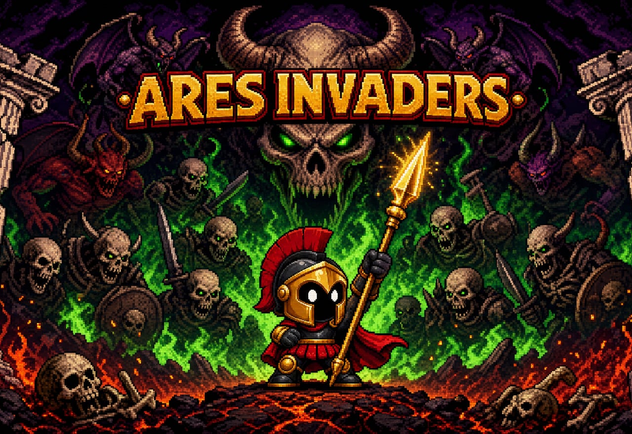 Ares Invaders Ares Invaders, jaquette pixel art : Ares lance au poing face à la horde de squelettes et au Champion d'Hadès