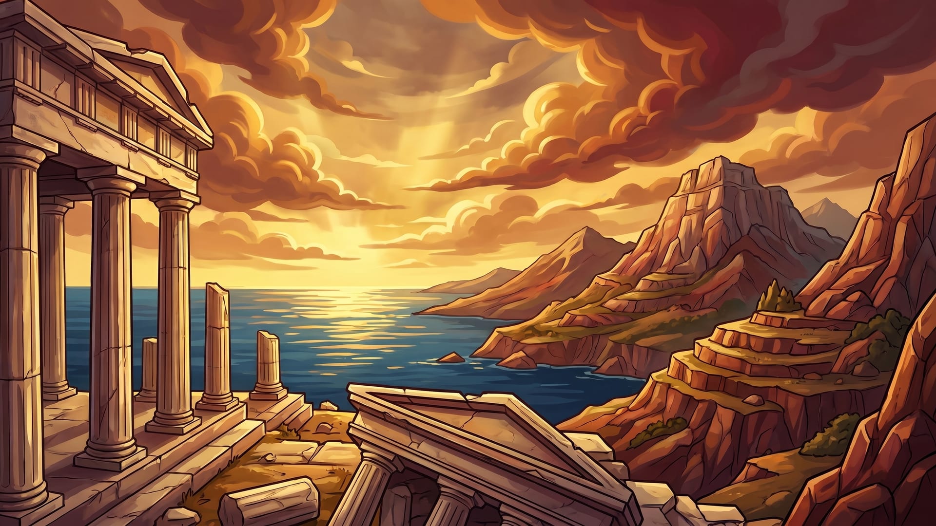 Ruines antiques au crépuscule sur la Méditerranée